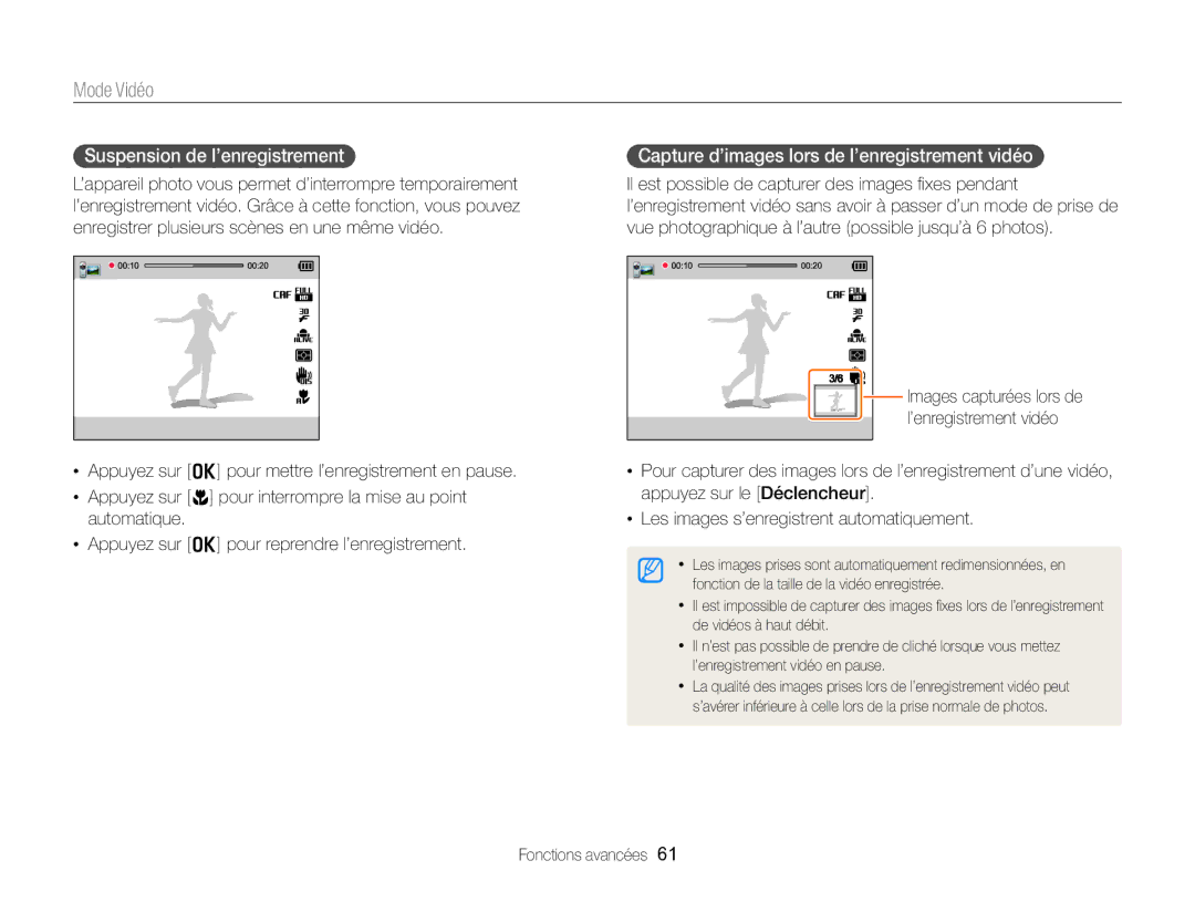 Samsung EC-EX2FZZBPBFR manual Mode Vidéo, Suspension de l’enregistrement, Capture d’images lors de l’enregistrement vidéo 