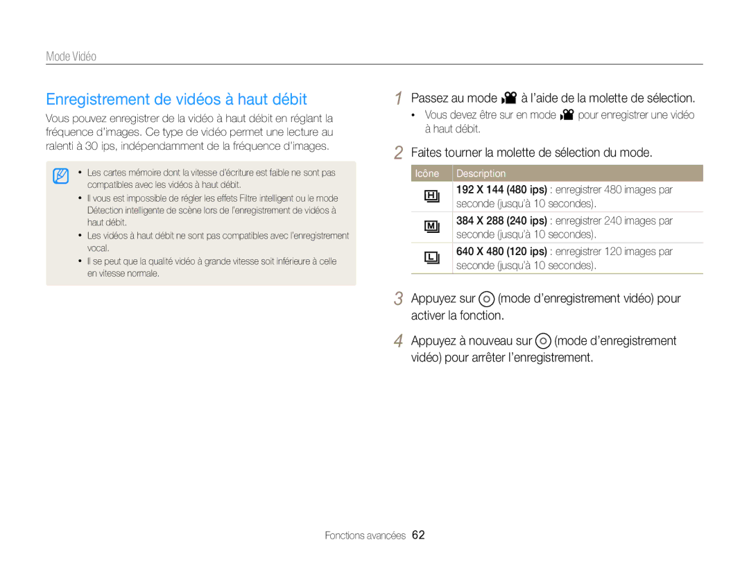 Samsung EC-EX2FZZBPWFR manual Enregistrement de vidéos à haut débit, Passez au mode v à l’aide de la molette de sélection 