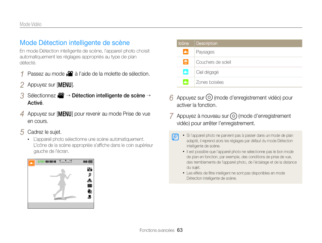 Samsung EC-EX2FZZBPBFR manual Mode Détection intelligente de scène, Paysages Couchers de soleil Ciel dégagé Zones boisées 