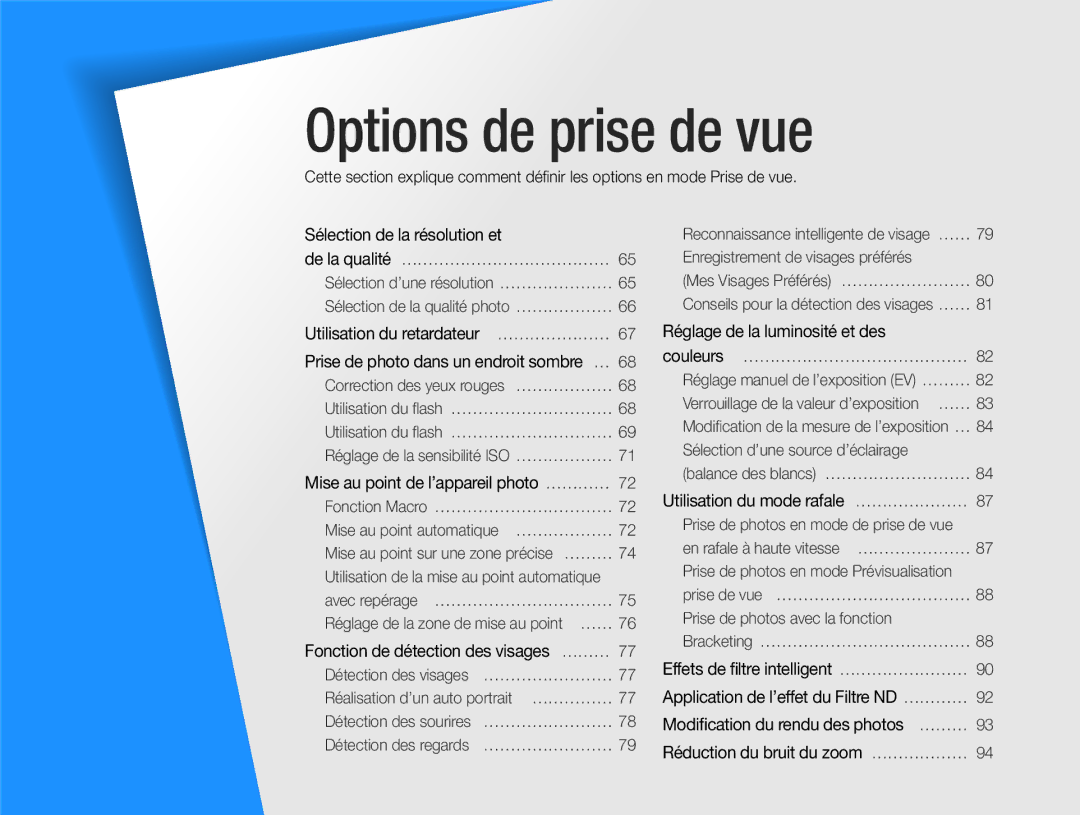 Samsung EC-EX2FZZBPWFR Sélection de la résolution et, Utilisation du retardateur …………………, Réglage de la luminosité et des 