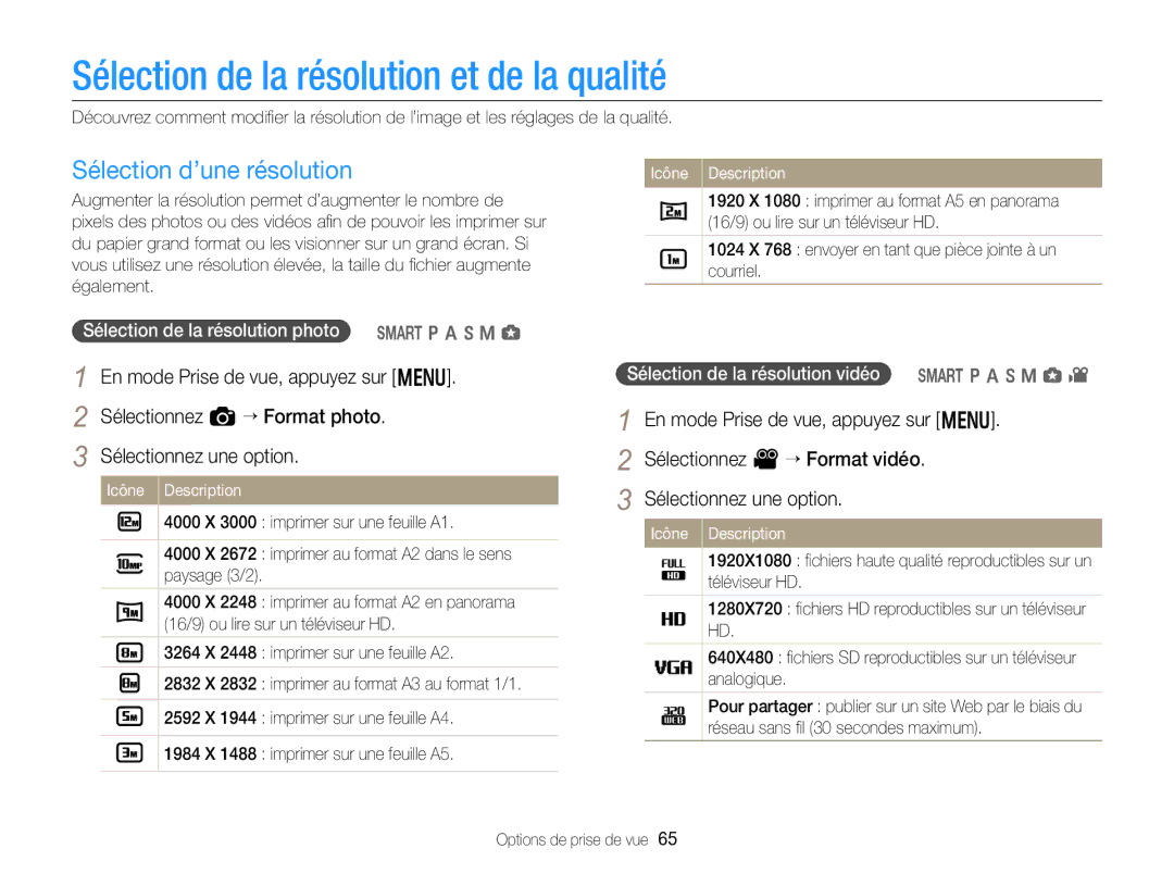 Samsung EC-EX2FZZBPBFR Sélection de la résolution et de la qualité, Sélection d’une résolution, Options de prise de vue 