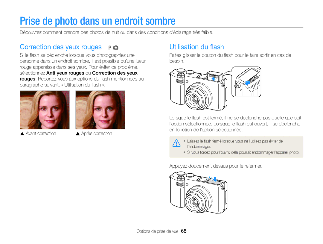 Samsung EC-EX2FZZBPWFR manual Prise de photo dans un endroit sombre, Correction des yeux rouges p g, Avant correction 