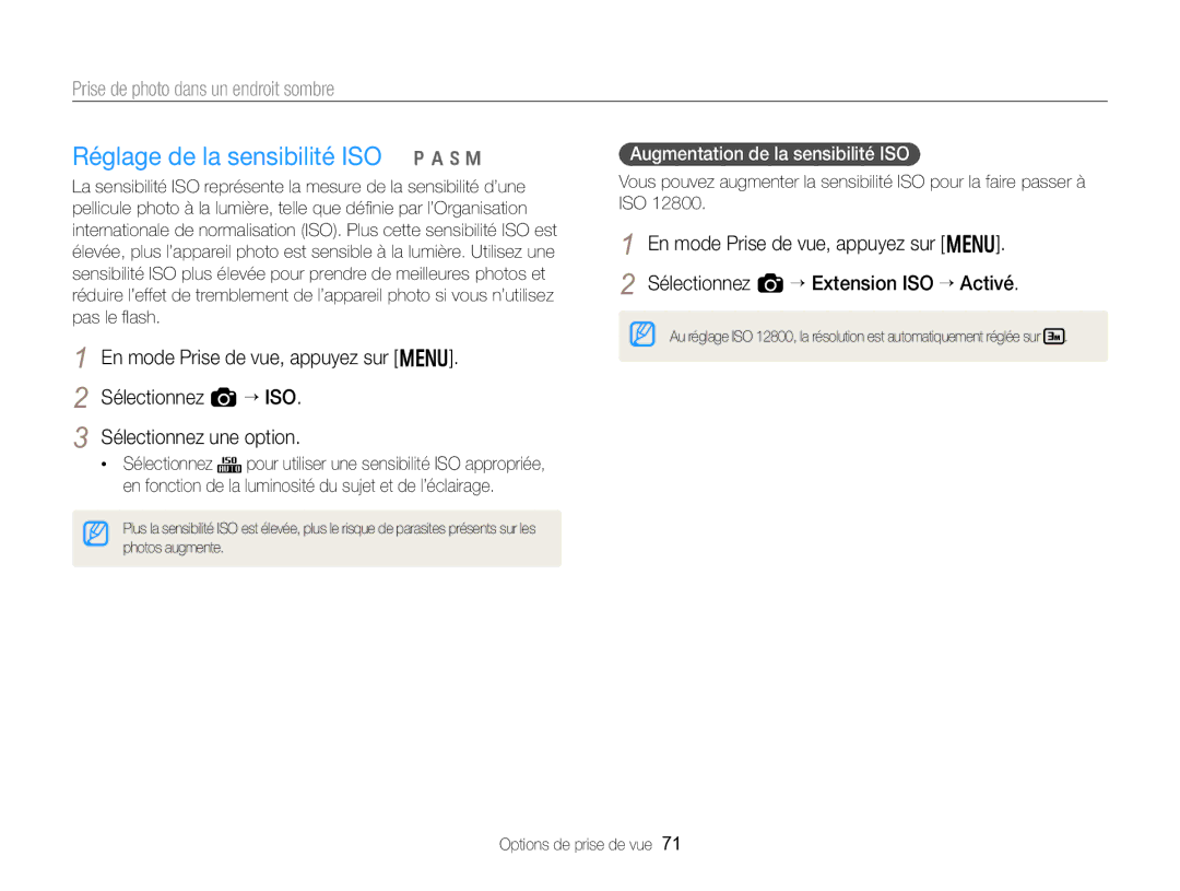 Samsung EC-EX2FZZBPBFR, EC-EX2FZZBPWFR manual Réglage de la sensibilité ISO p a h M, Augmentation de la sensibilité ISO 