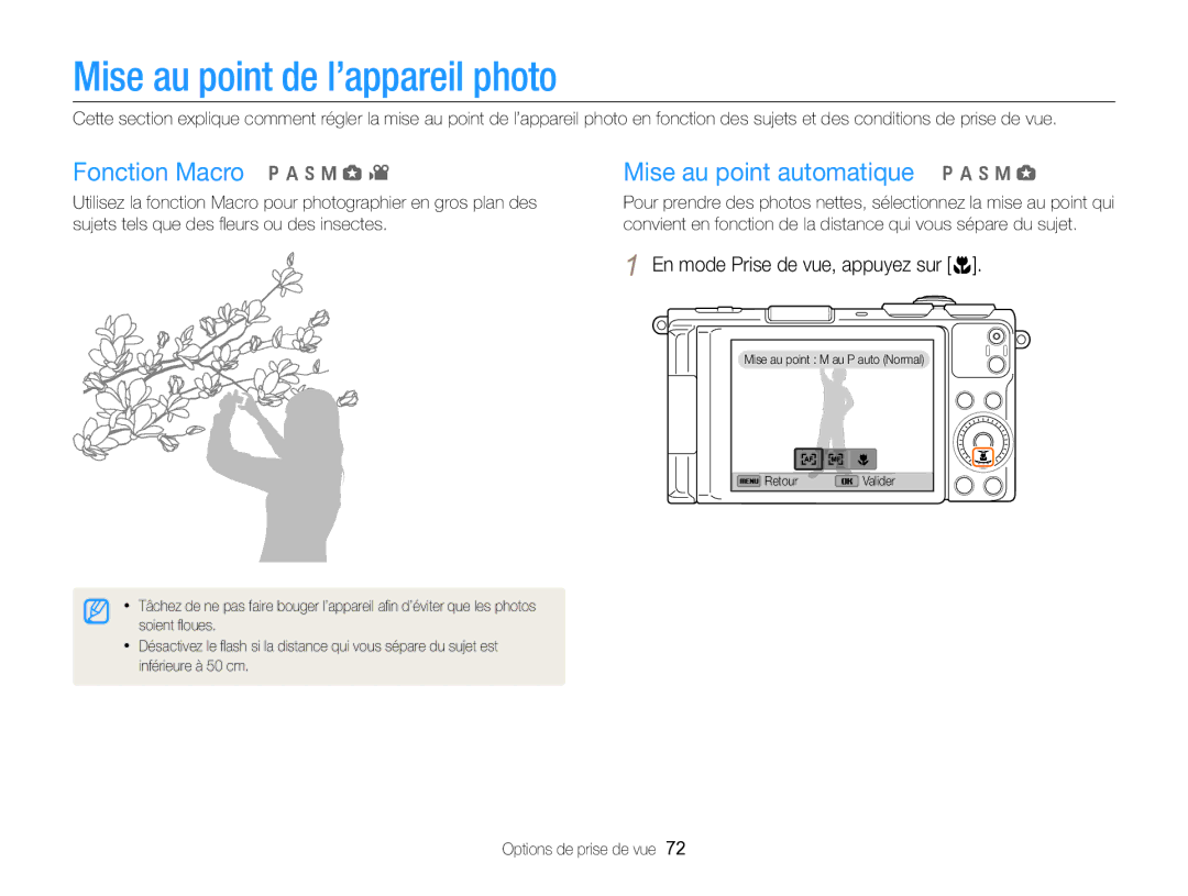 Samsung EC-EX2FZZBPWFR, EC-EX2FZZBPBFR manual Mise au point de l’appareil photo, En mode Prise de vue, appuyez sur c 