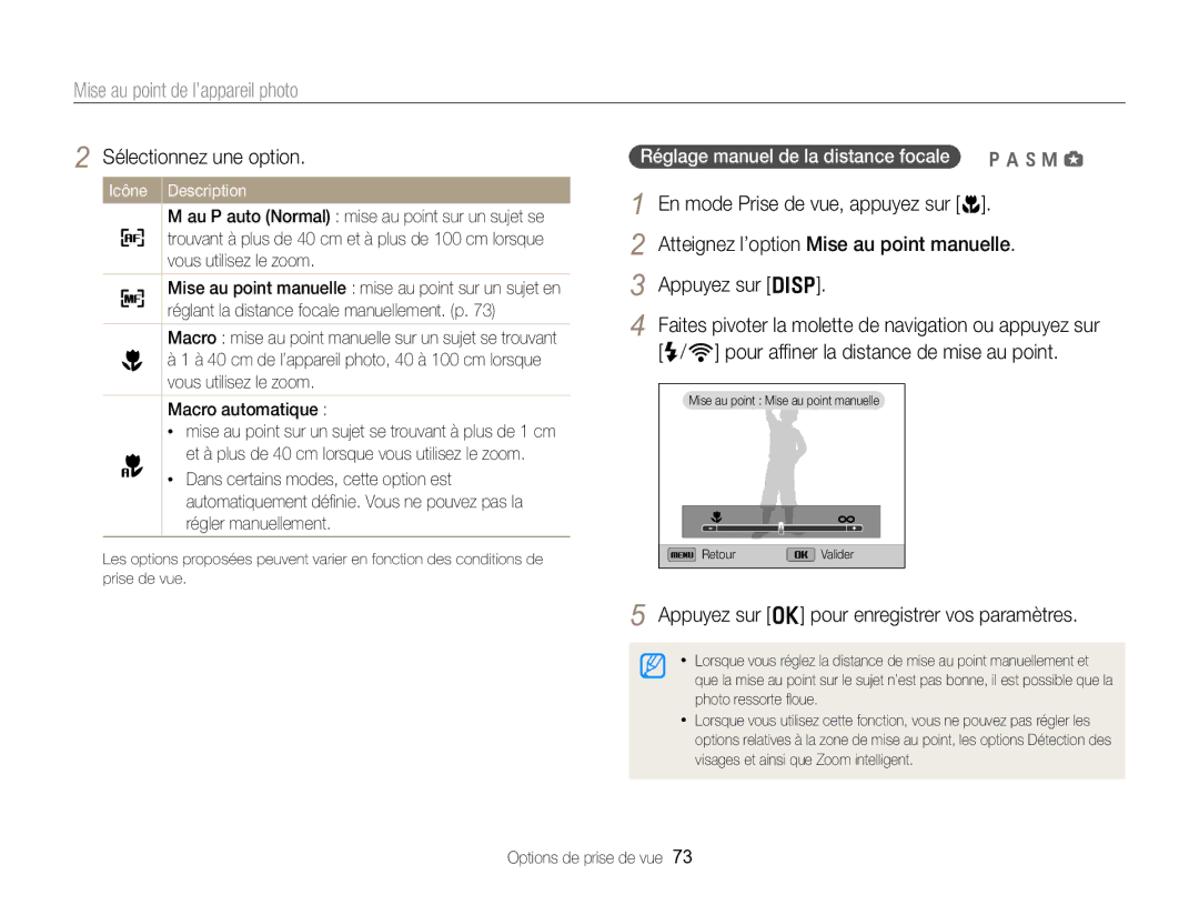 Samsung EC-EX2FZZBPBFR, EC-EX2FZZBPWFR manual Mise au point de l’appareil photo, Atteignez l’option Mise au point manuelle 