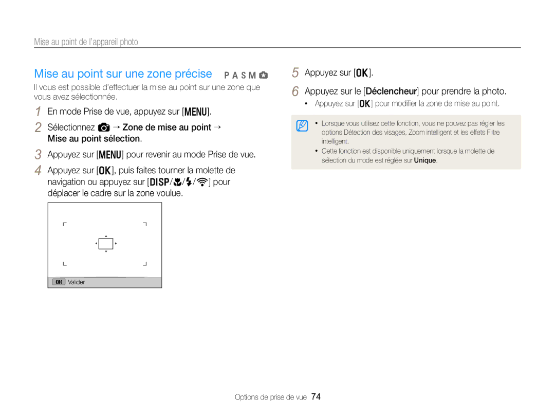 Samsung EC-EX2FZZBPWFR Mise au point sur une zone précise p a h M g, Appuyez sur o pour modiﬁer la zone de mise au point 