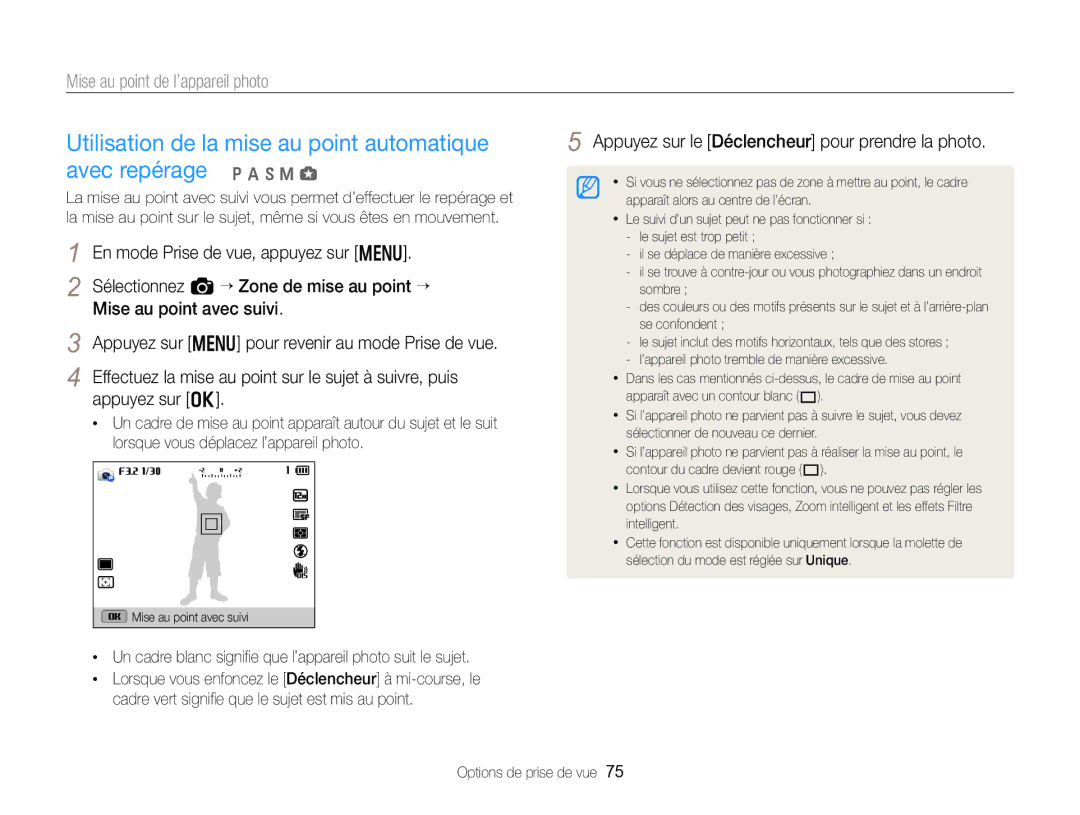 Samsung EC-EX2FZZBPBFR, EC-EX2FZZBPWFR manual Utilisation de la mise au point automatique avec repérage 