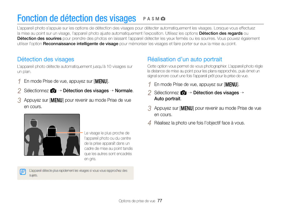 Samsung EC-EX2FZZBPBFR, EC-EX2FZZBPWFR manual Détection des visages, Réalisation d’un auto portrait 