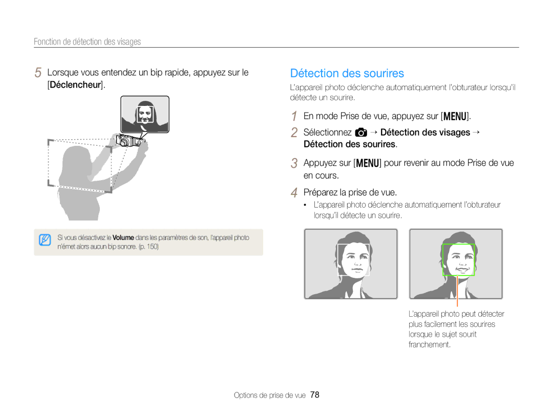 Samsung EC-EX2FZZBPWFR, EC-EX2FZZBPBFR manual Détection des sourires, Fonction de détection des visages 