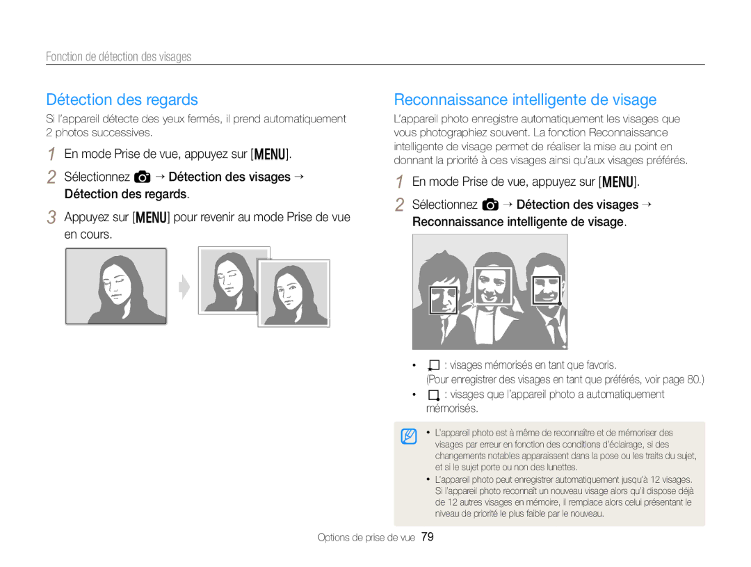 Samsung EC-EX2FZZBPBFR Détection des regards, Reconnaissance intelligente de visage, Visages mémorisés en tant que favoris 