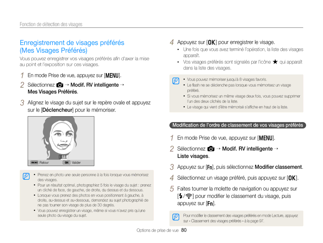 Samsung EC-EX2FZZBPWFR Enregistrement de visages préférés Mes Visages Préférés, Appuyez sur o pour enregistrer le visage 