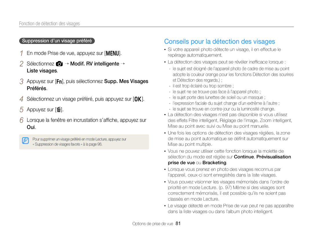 Samsung EC-EX2FZZBPBFR, EC-EX2FZZBPWFR manual Conseils pour la détection des visages, Suppression d’un visage préféré 