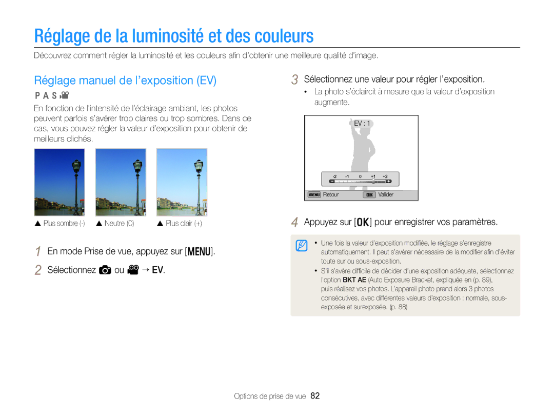 Samsung EC-EX2FZZBPWFR, EC-EX2FZZBPBFR manual Réglage de la luminosité et des couleurs, Réglage manuel de l’exposition EV 