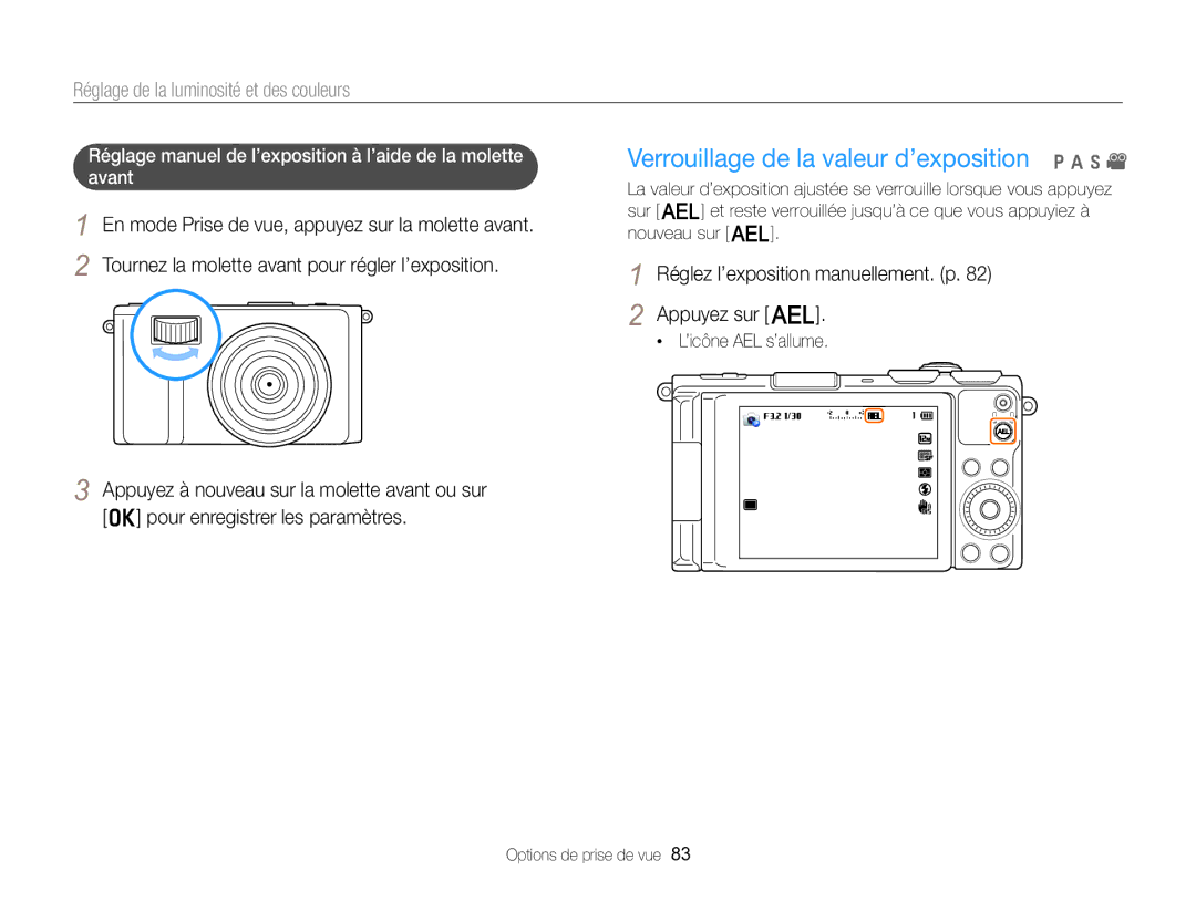 Samsung EC-EX2FZZBPBFR manual Verrouillage de la valeur d’exposition p a h, Réglage de la luminosité et des couleurs 