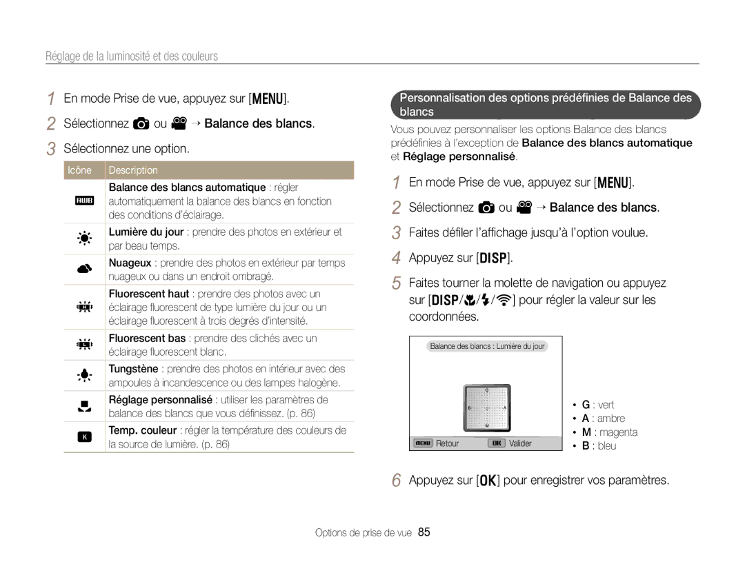 Samsung EC-EX2FZZBPBFR, EC-EX2FZZBPWFR manual Appuyez sur o pour enregistrer vos paramètres, Vert Ambre Magenta Bleu 