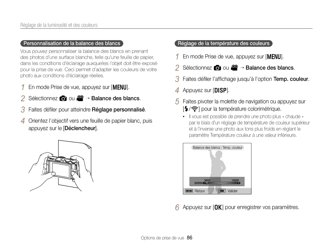 Samsung EC-EX2FZZBPWFR, EC-EX2FZZBPBFR Personnalisation de la balance des blancs, Réglage de la température des couleurs 