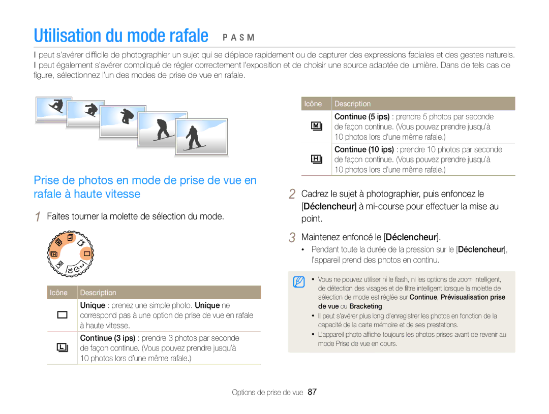 Samsung EC-EX2FZZBPBFR manual Unique prenez une simple photo. Unique ne, Haute vitesse, Photos lors d’une même rafale 