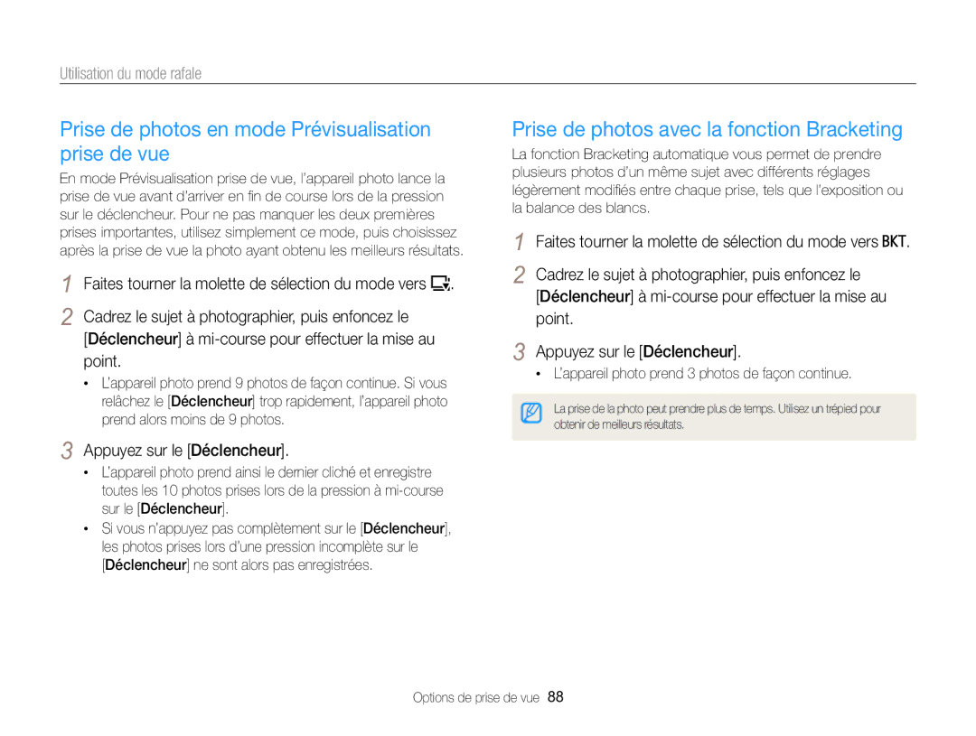 Samsung EC-EX2FZZBPWFR Prise de photos en mode Prévisualisation prise de vue, Prise de photos avec la fonction Bracketing 