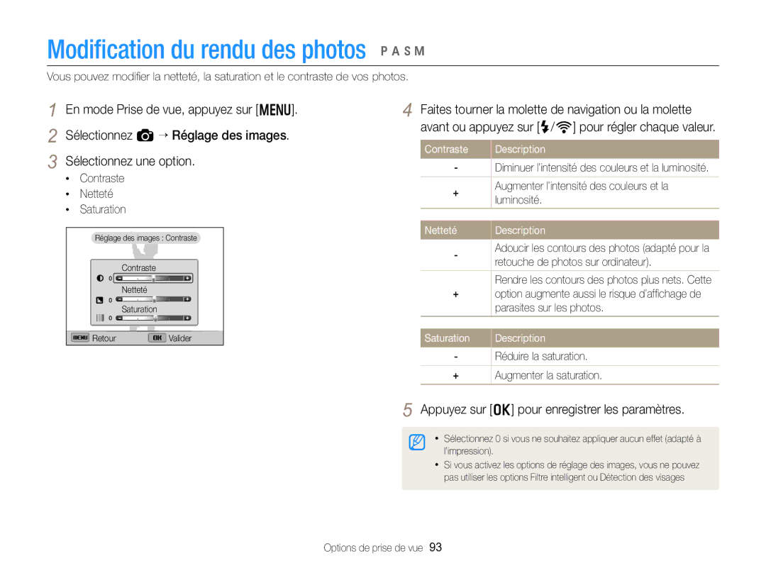 Samsung EC-EX2FZZBPBFR manual Modiﬁcation du rendu des photos p a h M, Contraste Netteté Saturation, Netteté Description 