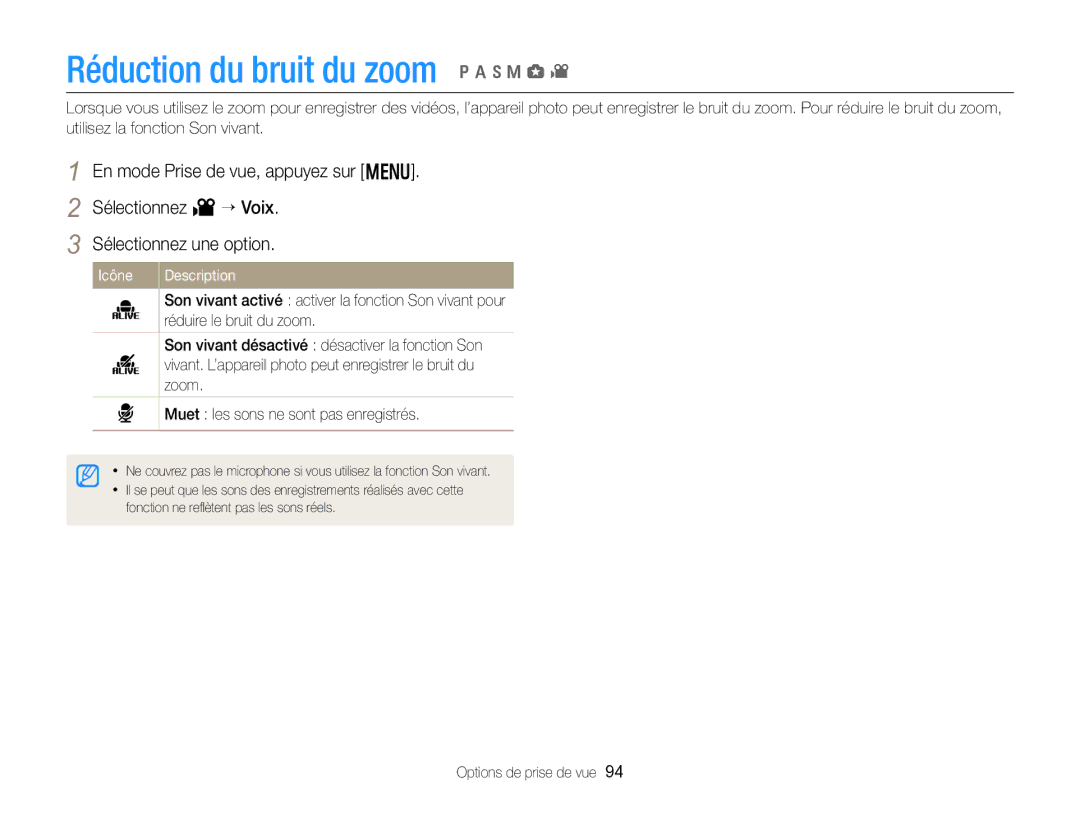Samsung EC-EX2FZZBPWFR, EC-EX2FZZBPBFR manual Réduction du bruit du zoom p a h M g 