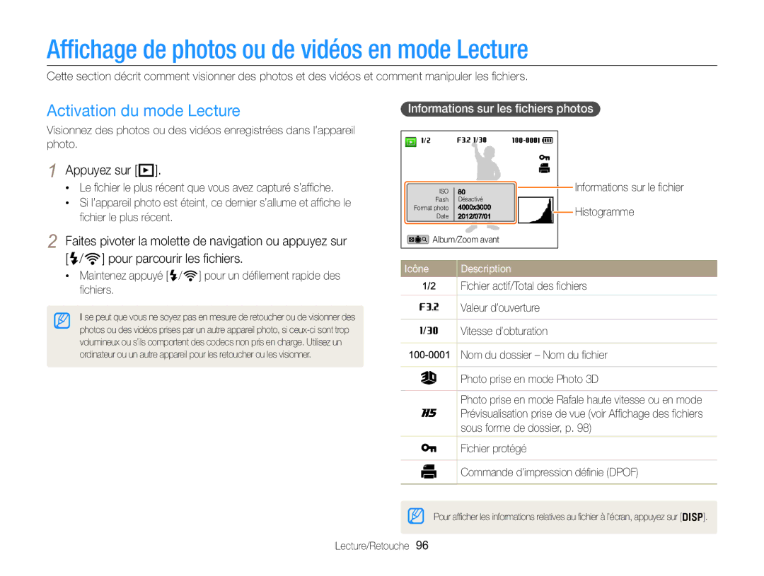 Samsung EC-EX2FZZBPWFR manual Afﬁchage de photos ou de vidéos en mode Lecture, Activation du mode Lecture, Appuyez sur P 