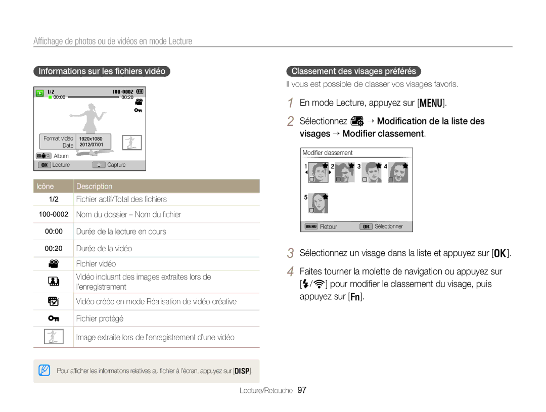 Samsung EC-EX2FZZBPBFR, EC-EX2FZZBPWFR Afﬁchage de photos ou de vidéos en mode Lecture, Informations sur les ﬁchiers vidéo 