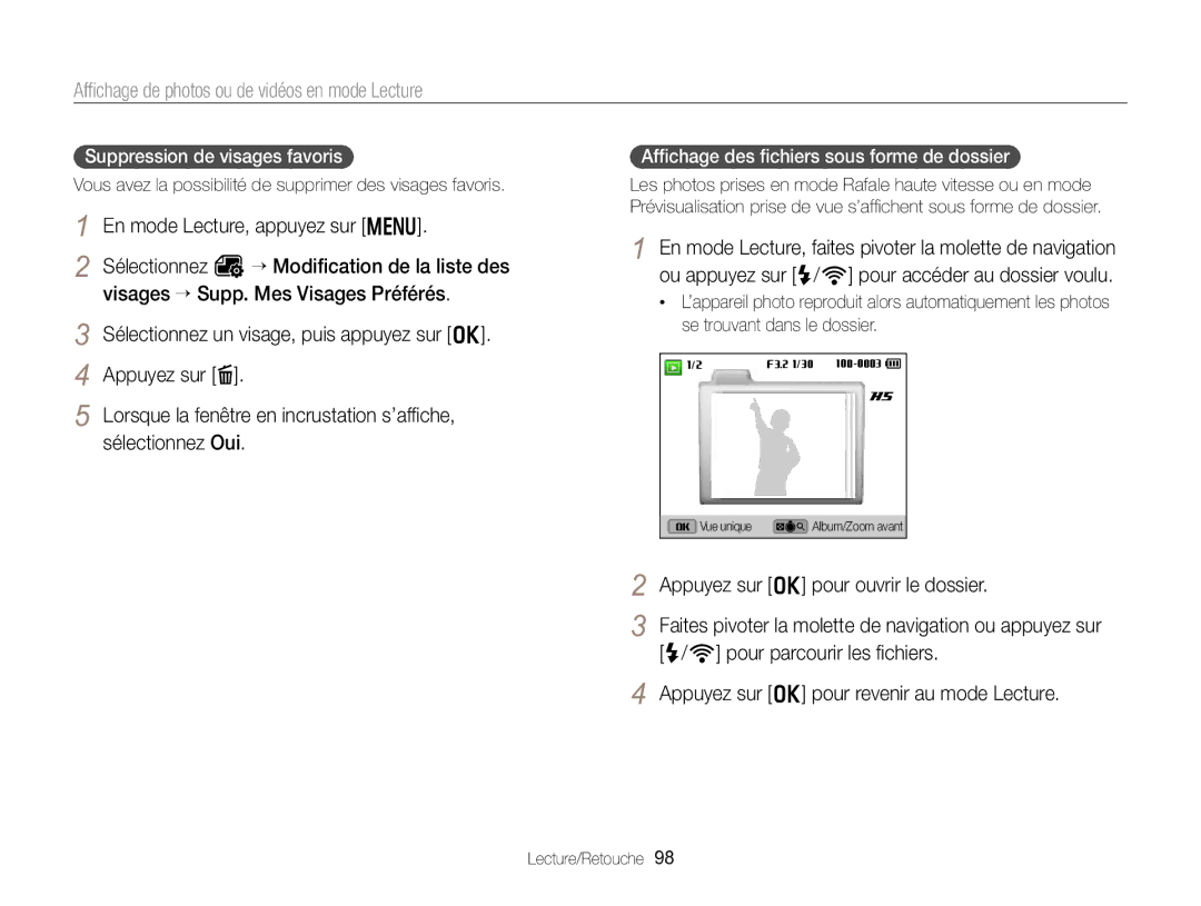 Samsung EC-EX2FZZBPWFR Appuyez sur o pour ouvrir le dossier, Pour parcourir les ﬁchiers, Suppression de visages favoris 