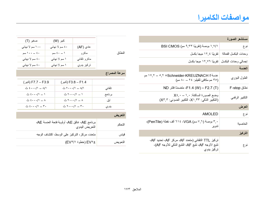 Samsung EC-EX2FZZBPBIL, EC-EX2FZZBMWSA, EC-EX2FZZBMBSA manual ﺍﺮﻴﻣﺎﻜﻟﺍ ﺕﺎﻔﺻﺍﻮﻣ, ﻉﺍﺮﺼﻤﻟﺍ ﺔﻋﺮﺳ, ﺾﻳﺮﻌﺘﻟﺍ, ﺓﺭﻮﺼﻟﺍ ﺮﻌﺸﺘﺴﻣ, ﺰﻴﻛﺮﺘﻟﺍ 