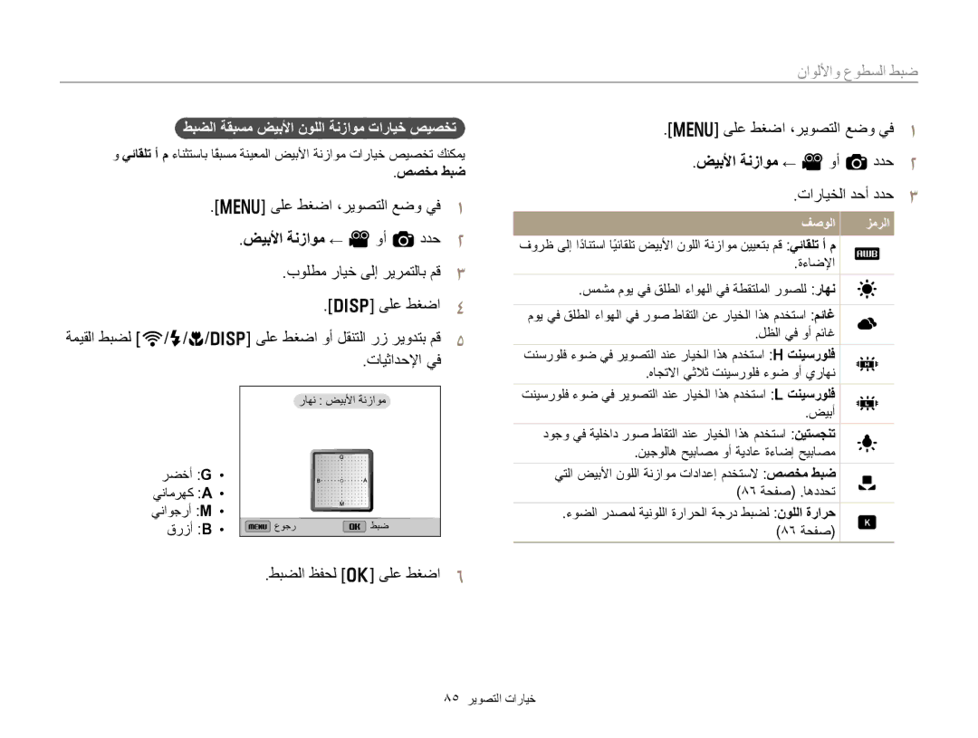 Samsung EC-EX2FZZBMBSA, EC-EX2FZZBPBIL ﺾﻴﺑﻷﺍ ﺔﻧﺯﺍﻮﻣ ← V ﻭﺃ a ﺩﺪﺣ, ﻂﺒﻀﻟﺍ ﻆﻔﺤﻟ o ﻰﻠﻋ ﻂﻐﺿﺍ ﻰﻠﻋ ﻂﻐﺿﺍ ،ﺮﻳﻮﺼﺘﻟﺍ ﻊﺿﻭ ﻲﻓ, ﺺﺼﺨﻣ ﻂﺒﺿ 