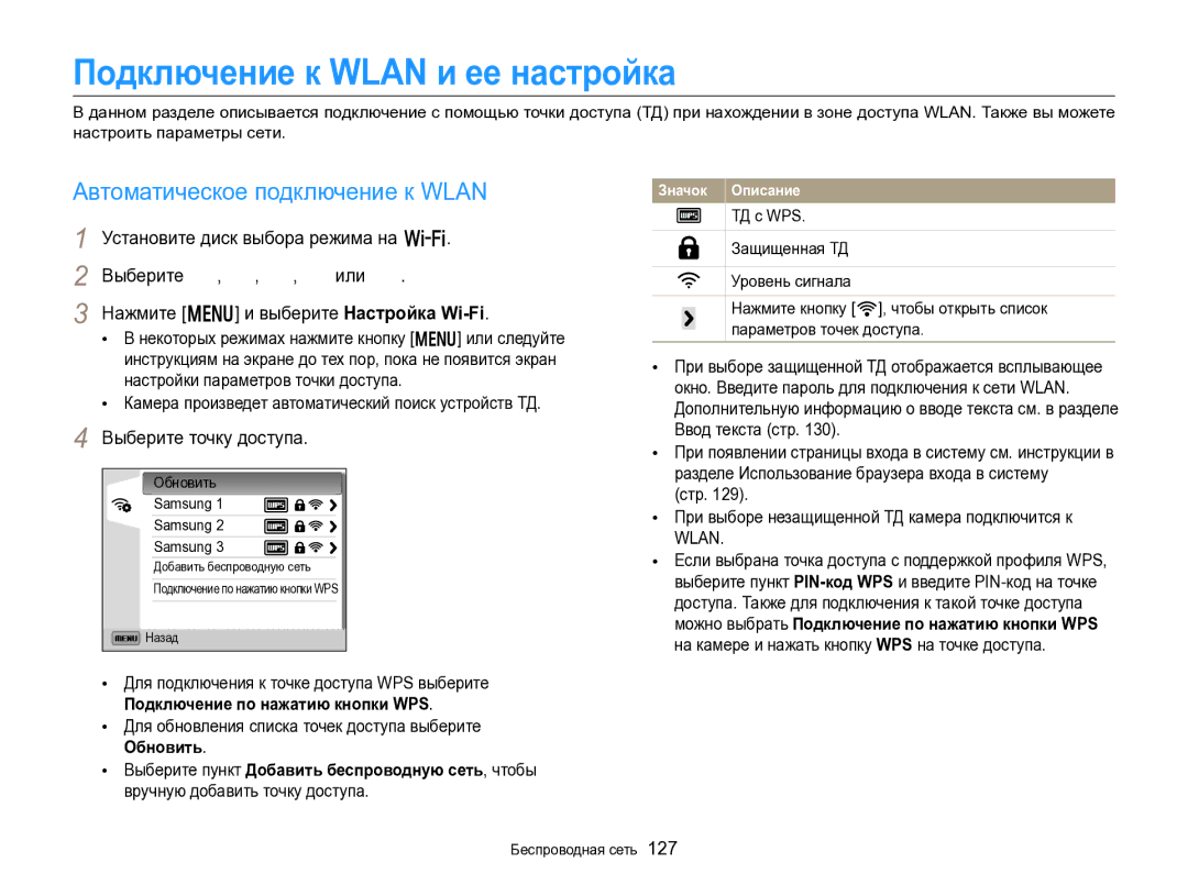 Samsung EC-EX2FZZBPWRU manual Подключение к Wlan и ее настройка, Автоматическое подключение к Wlan, Выберите точку доступа 