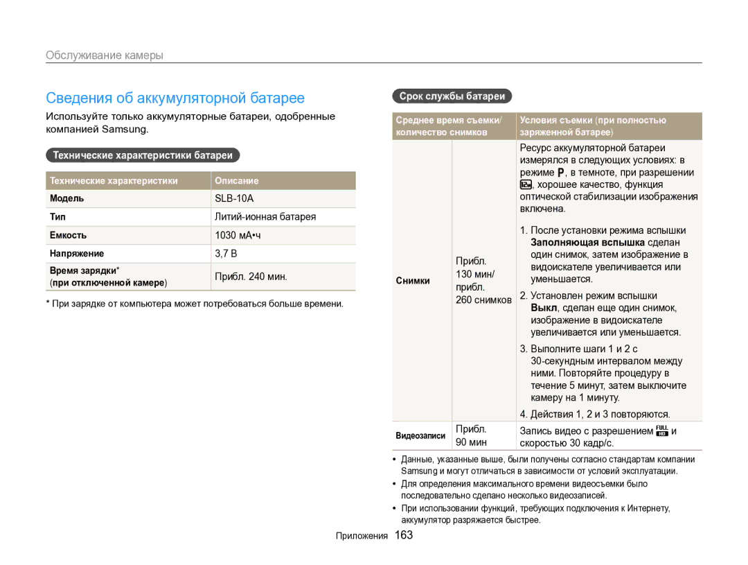 Samsung EC-EX2FZZBPWRU manual Сведения об аккумуляторной батарее, Технические характеристики батареи, Срок службы батареи 
