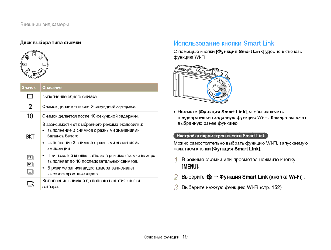 Samsung EC-EX2FZZBPWRU, EC-EX2FZZBPBRU manual Использование кнопки Smart Link, Режиме съемки или просмотра нажмите кнопку m 