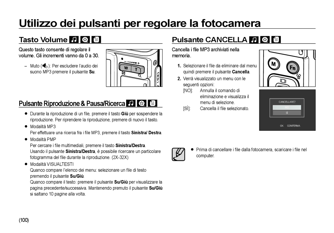 Samsung EC-I100ZSBA/E3 Utilizzo dei pulsanti per regolare la fotocamera, Tasto Volume Pulsante Cancella, Menu di selezione 