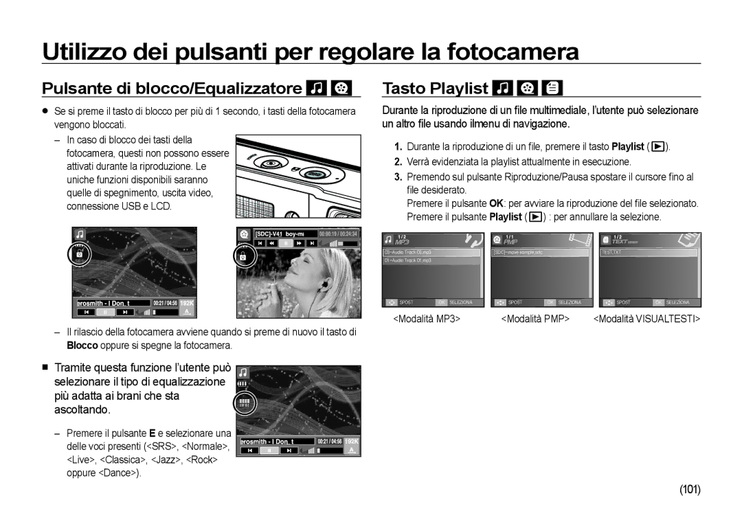 Samsung EC-I100ZRBA/E3, EC-I100ZGBA/E3, EC-I100ZSBA/E3, EC-I100ZBBA/E3 Pulsante di blocco/Equalizzatore, Tasto Playlist, 101 