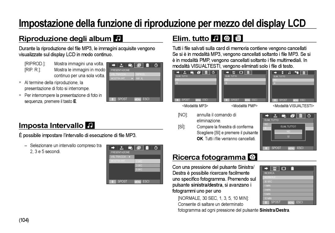 Samsung EC-I100ZGBA/IT, EC-I100ZGBA/E3 manual Riproduzione degli album, Elim. tutto, Imposta Intervallo, Ricerca fotogramma 