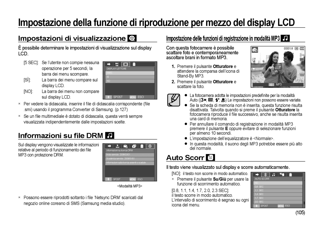 Samsung EC-I100ZNBA/IT, EC-I100ZGBA/E3, EC-I100ZSBA/E3 Impostazioni di visualizzazione, Informazioni su ﬁle DRM, Auto Scorr 