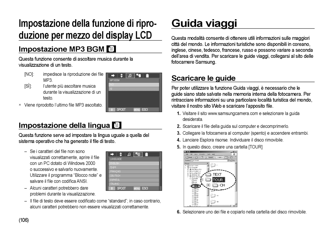 Samsung EC-I100ZABA/IT manual Guida viaggi, Impostazione MP3 BGM, Scaricare le guide, Impostazione della lingua, 106 