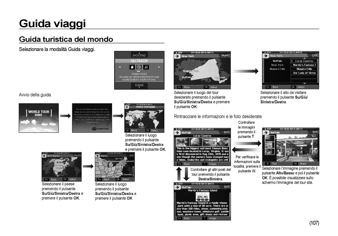 Samsung EC-I100ZSBA/IT manual Guida turistica del mondo, Selezionare la modalità Guida viaggi, 107, Avvio della guida 