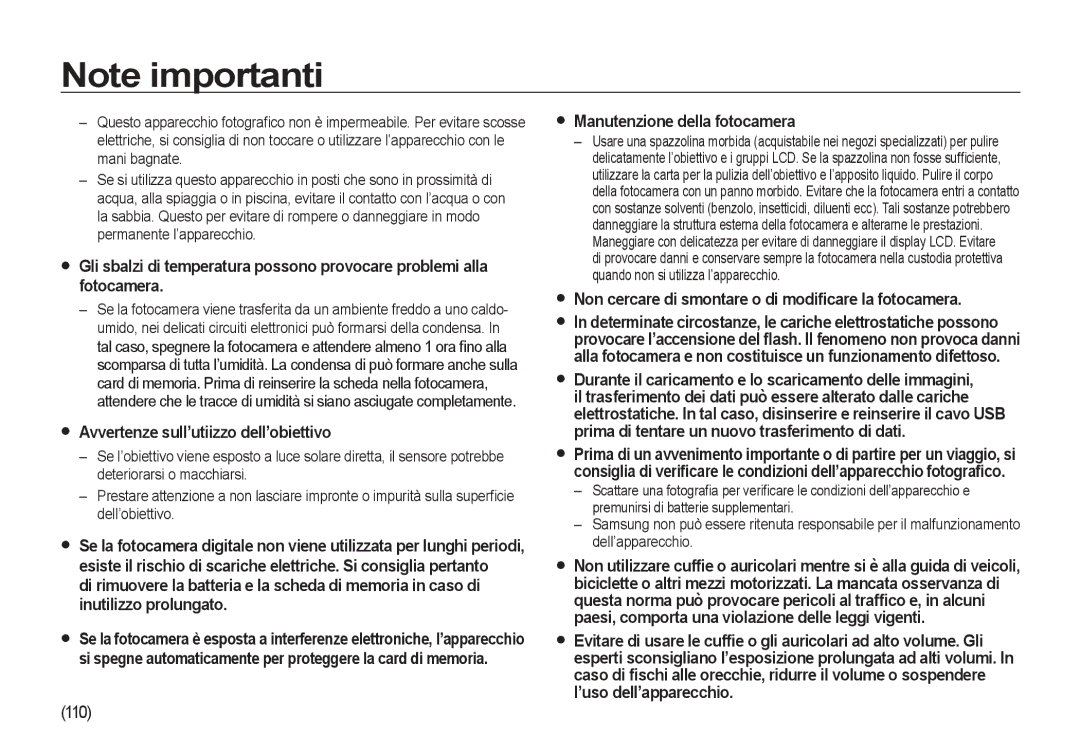 Samsung EC-I100ZSBA/E3, EC-I100ZGBA/E3, EC-I100ZRBA/E3, EC-I100ZBBA/E3 manual Avvertenze sull’utiizzo dell’obiettivo, 110 