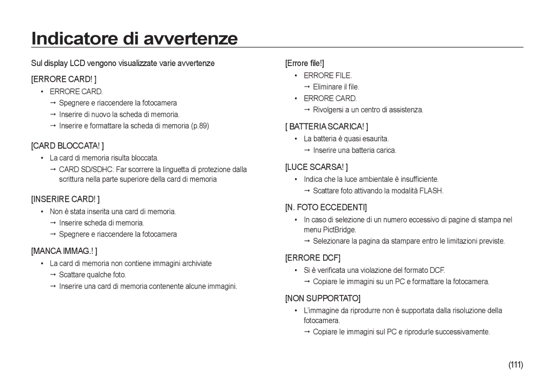 Samsung EC-I100ZRBA/E3 Indicatore di avvertenze, Sul display LCD vengono visualizzate varie avvertenze, Errore ﬁle, 111 