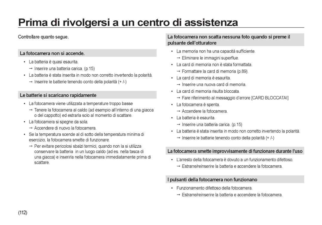 Samsung EC-I100ZBBA/E3, EC-I100ZGBA/E3 manual Prima di rivolgersi a un centro di assistenza, Controllare quanto segue, 112 