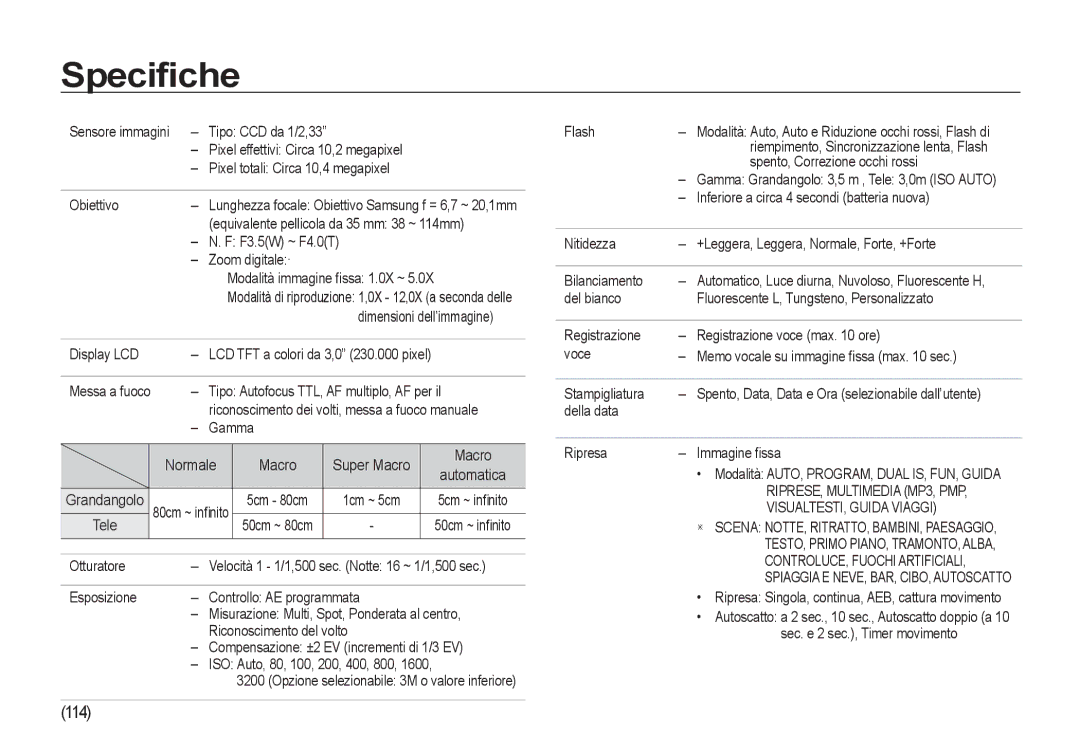 Samsung EC-I100ZGBA/IT, EC-I100ZGBA/E3, EC-I100ZSBA/E3, EC-I100ZRBA/E3 manual Speciﬁche, 114, VISUALTESTI, Guida Viaggi 