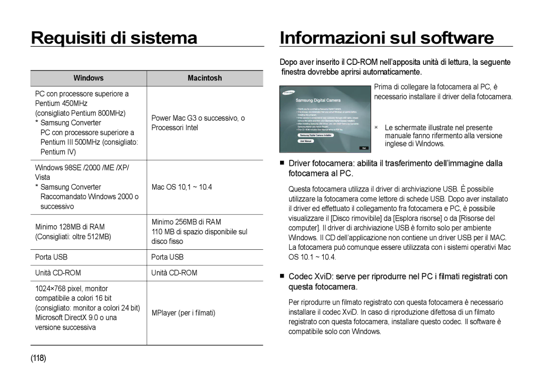 Samsung EC-I100ZBBA/IT, EC-I100ZGBA/E3 manual Requisiti di sistema, Informazioni sul software, 118, Windows Macintosh 