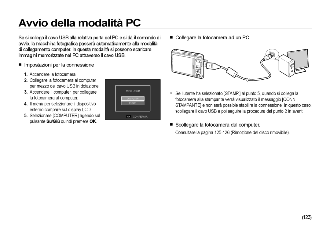 Samsung EC-I100ZRBA/IT, EC-I100ZGBA/E3, EC-I100ZSBA/E3 Avvio della modalità PC, Scollegare la fotocamera dal computer, 123 