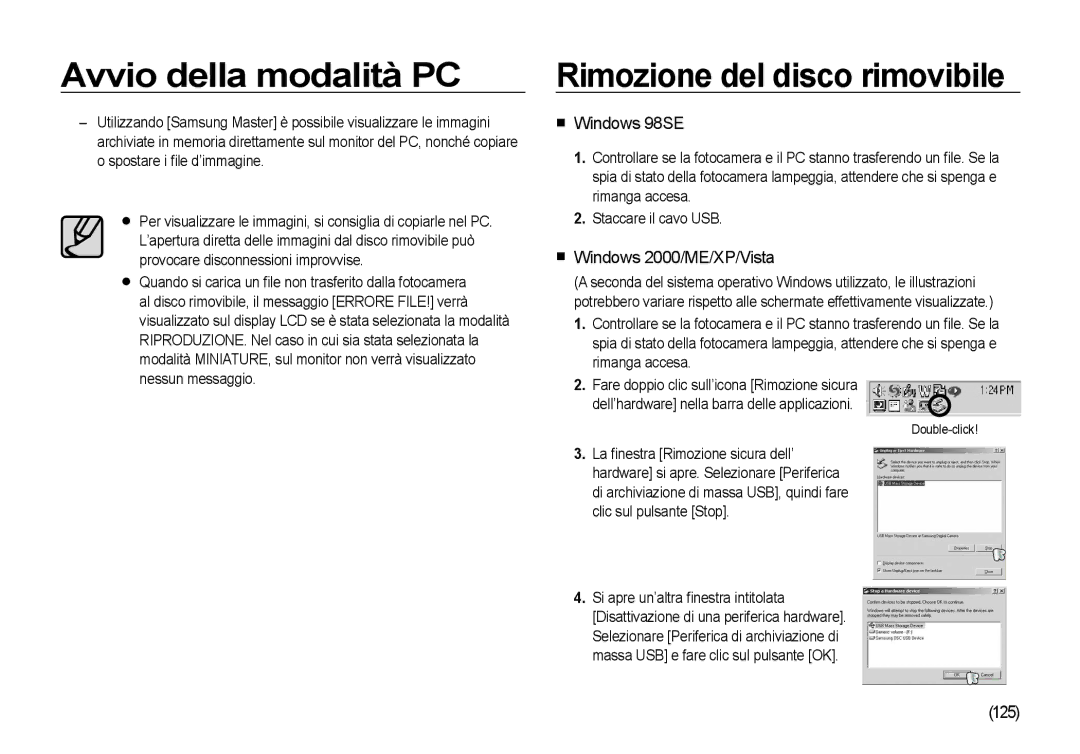 Samsung EC-I100ZNBA/IT, EC-I100ZGBA/E3 manual Rimozione del disco rimovibile, Windows 98SE, Windows 2000/ME/XP/Vista, 125 