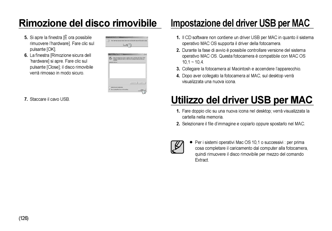 Samsung EC-I100ZABA/IT, EC-I100ZGBA/E3, EC-I100ZSBA/E3, EC-I100ZRBA/E3, EC-I100ZBBA/E3 Utilizzo del driver USB per MAC, 126 