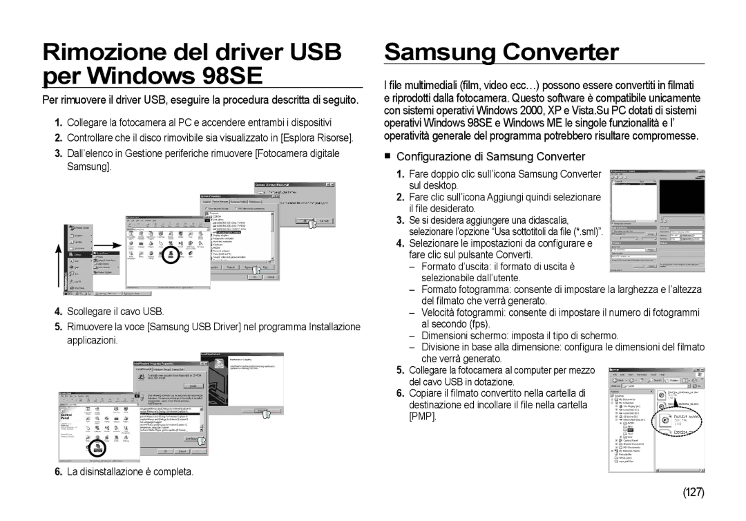 Samsung EC-I100ZSBA/IT manual Rimozione del driver USB per Windows 98SE, Conﬁgurazione di Samsung Converter, 127 