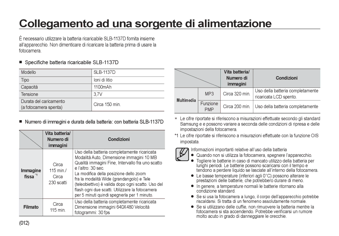 Samsung EC-I100ZBBA/E3, EC-I100ZGBA/E3, EC-I100ZSBA/E3 Collegamento ad una sorgente di alimentazione, 012, Condizioni, MP3 