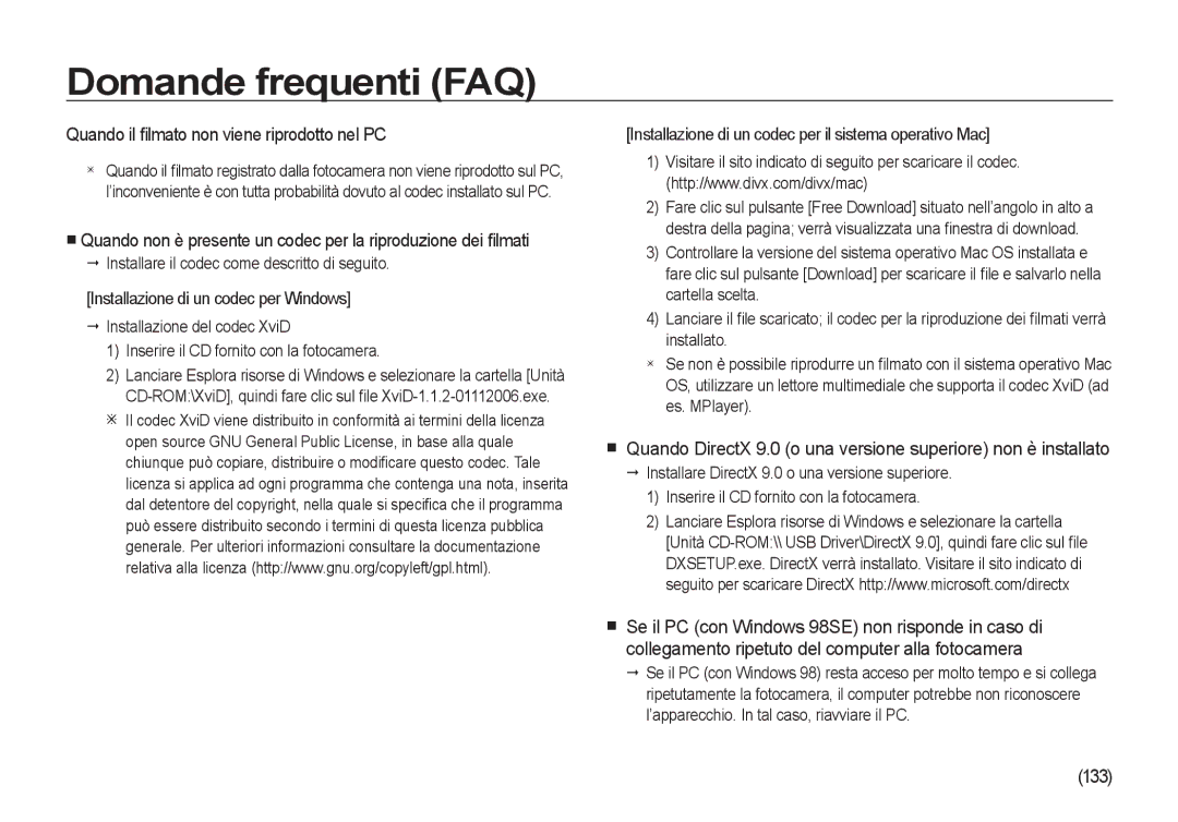 Samsung EC-I100ZRBA/IT Quando il ﬁlmato non viene riprodotto nel PC, 133, Installare il codec come descritto di seguito 