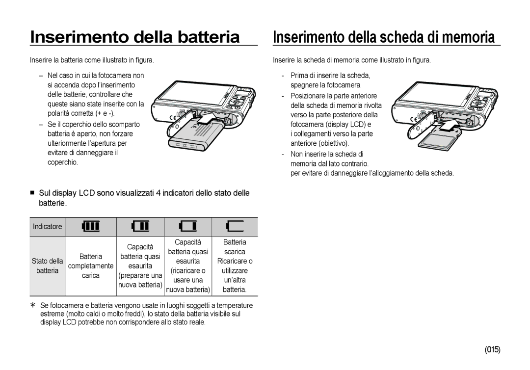 Samsung EC-I100ZNBA/IT, EC-I100ZGBA/E3, EC-I100ZSBA/E3, EC-I100ZRBA/E3, EC-I100ZBBA/E3 manual Inserimento della batteria, 015 